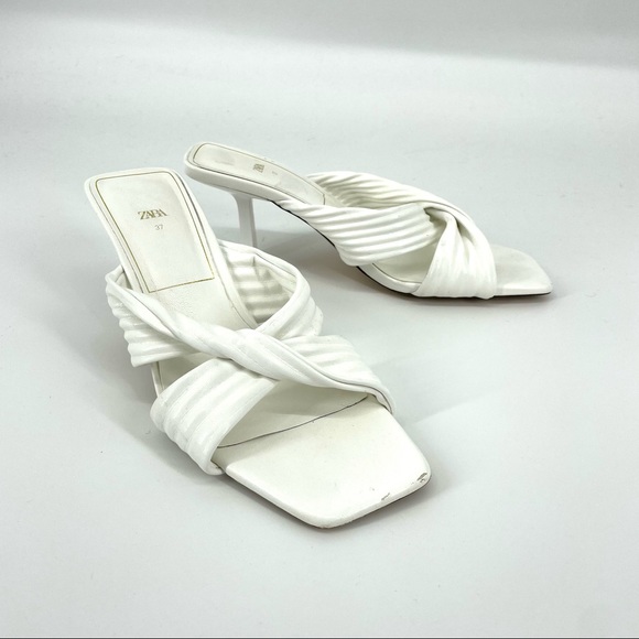 Zara White Pleated Strap Heeled Sandals